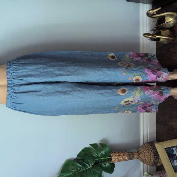 BOHO Me & Gee Linen Blue Floral Wide-Leg Pants with Pockets SZ M Made in Italy - Picture 10 of 16